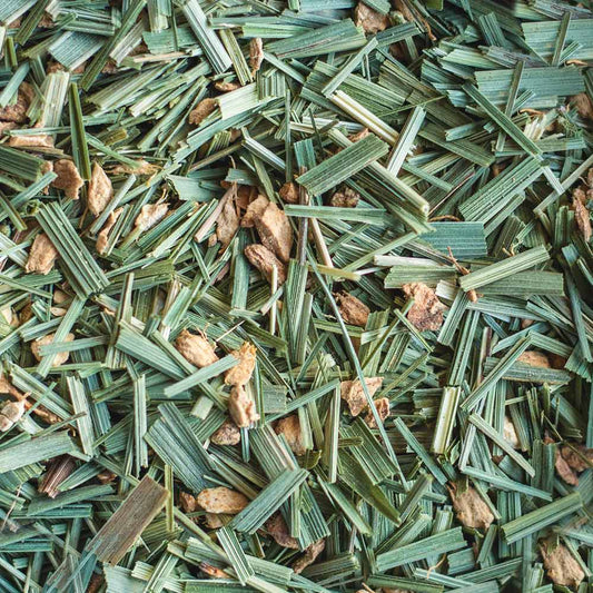 individual strands of lemon grass and pieces of ginger from our Himalayan Ginger & Lemongrass tea