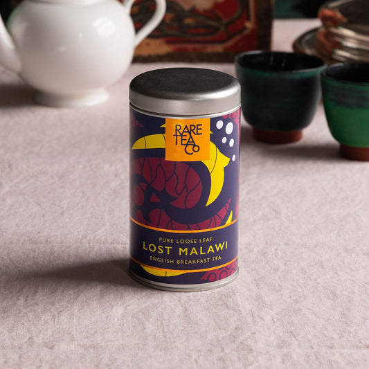 tin of Rare Tea Company Single Estate Lost Malawi English Breakfast loose leaf tea
